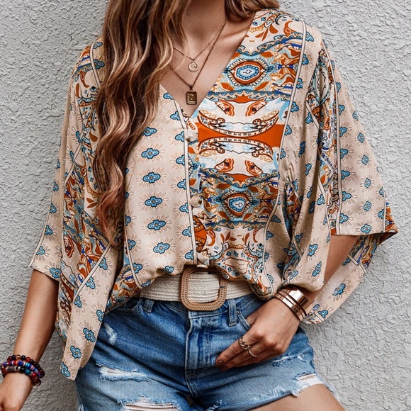 BellanBlue Floral V-Neck Blouse in Navy and Orange - Picture 2 of 8